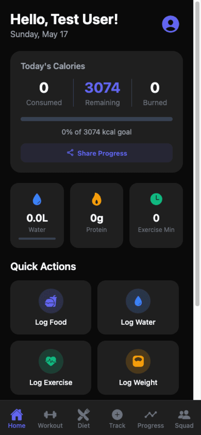 SmartGymPal home screen showing calorie tracking dashboard