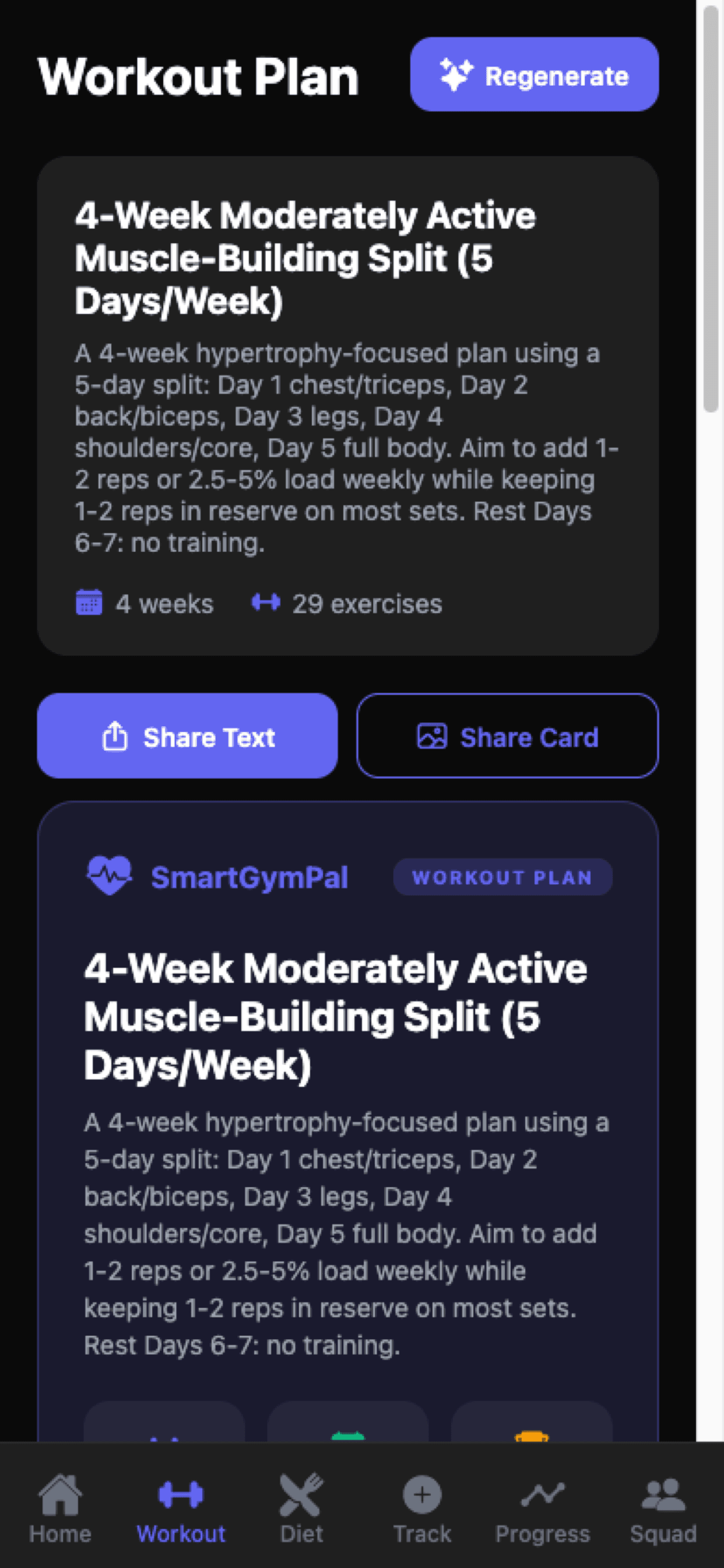 An example workout plan in the Smart Gym Pal Android app